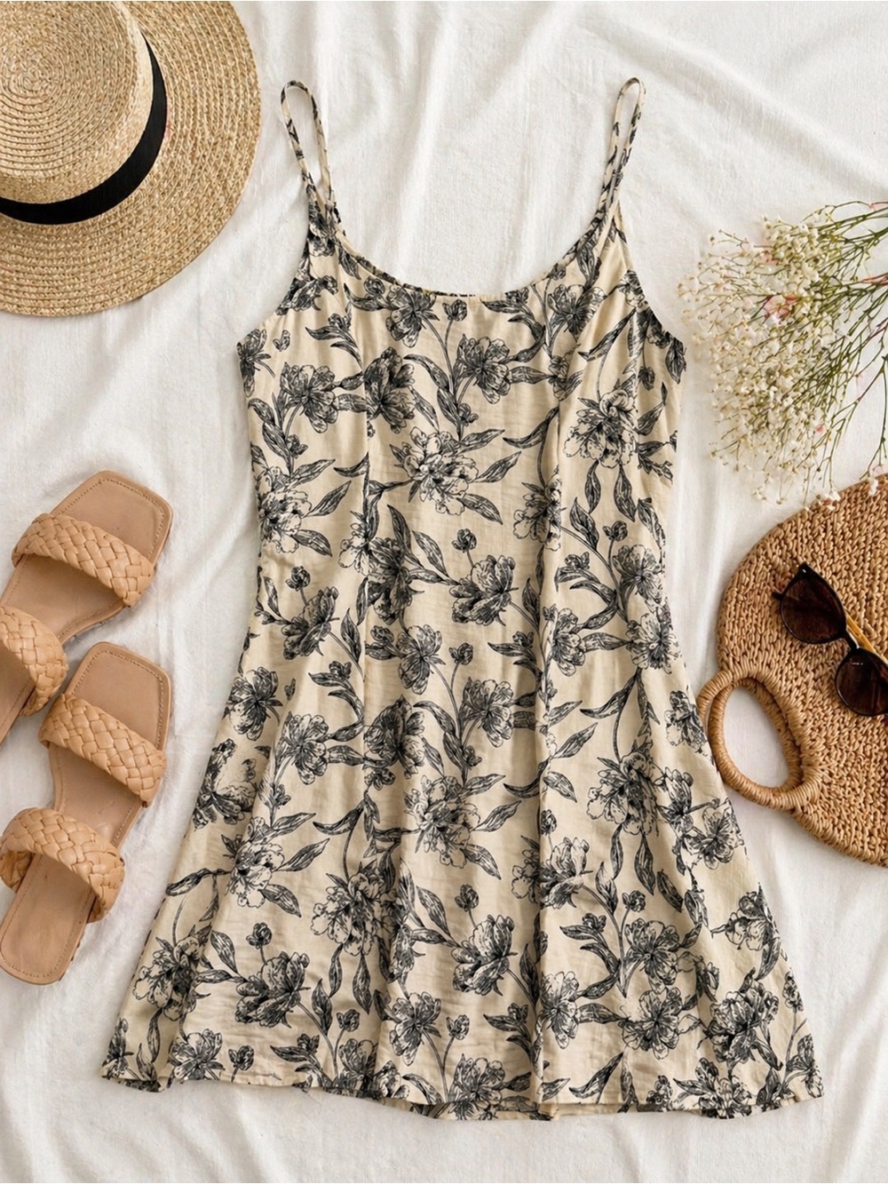 a new day Cream Dress with Black Botanical Print